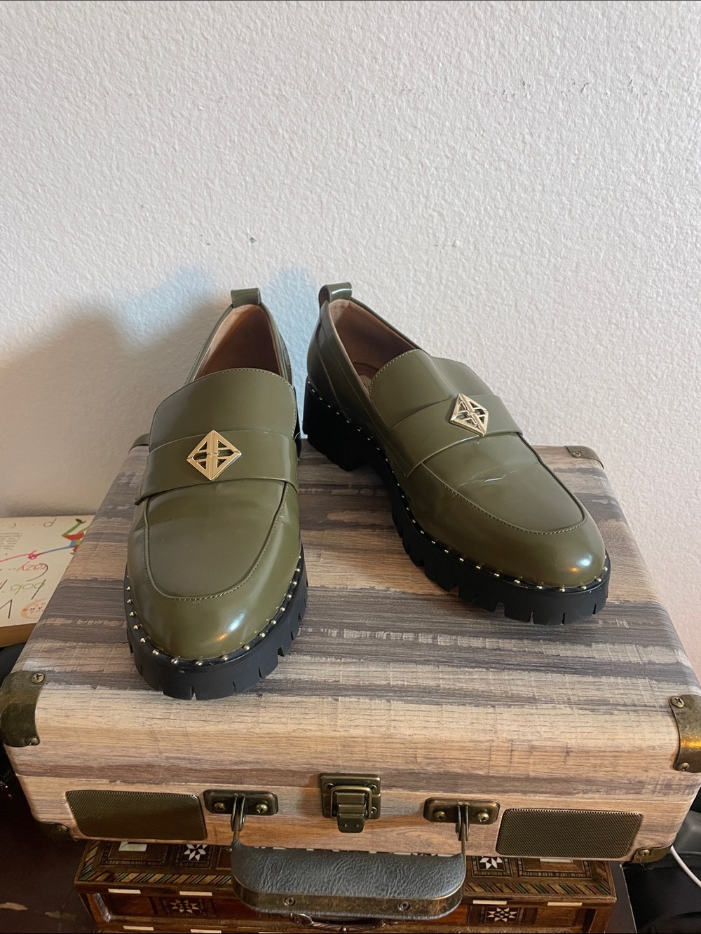 ANTONIO MELANI Olive Green Lug Sole Loafers with Gold Emblem